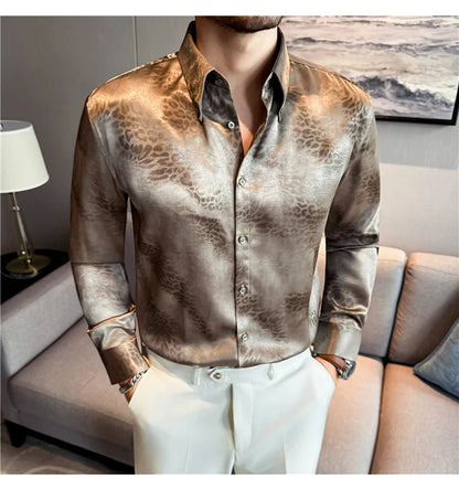 Camisa de manga larga de seda de imitación para hombre, camisa informal estampada de Color degradado a la moda, ropa Social de negocios, ropa de calle para hombre