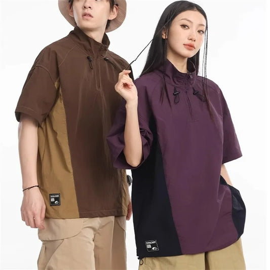 2025 nueva camiseta Cargo con cuello levantado y media cremallera para hombre, camisetas de manga corta de retales para exteriores, camisetas americanas Y2K, ropa de calle