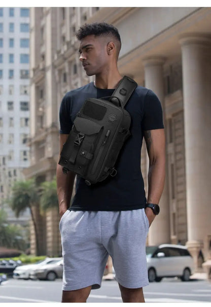 OZUKO-Bolso cruzado de hombro para hombre, bolsa de pecho, impermeable, táctico, cintura, bandolera, cremallera, moda, deportes al aire libre, negro