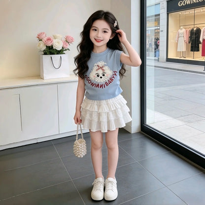 Conjunto de verano para niñas, camiseta de manga corta y falda, conjunto de dos piezas, estilo informal, ropa moderna para niños