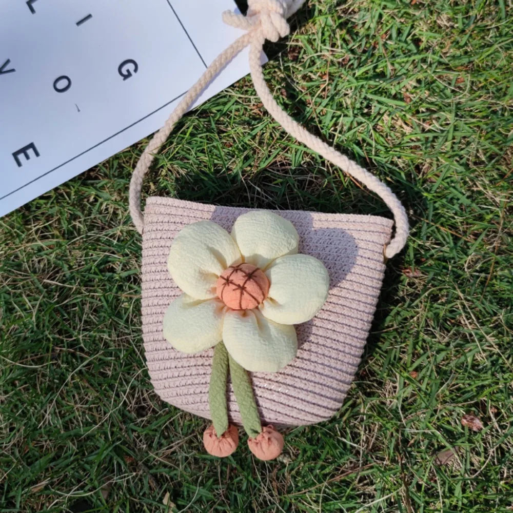 Bolso de hombro hecho a mano para niños y niñas, con flores bandolera de paja, monedero para llaves, Mini bolso de princesa