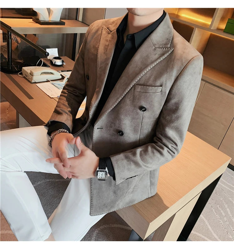 Chaqueta de ante con botones de doble botonadura para hombre, traje de negocios informal, ropa de calle Social, otoño e invierno, 2023