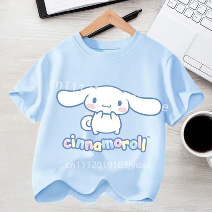 Camiseta de Manga Corta para Niños, Estilo Urbano, Verano 2026, Ropa Casual, Regalo Kawaii, Linda Camiseta de Cinnamoroll para Niña, Camiseta de Algodón con Estampado de Anime