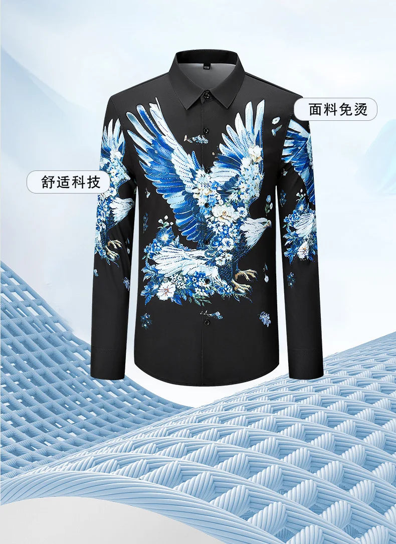 Camisa de lujo con estampado 3D de diamantes de imitación para hombre, camisas informales de manga larga para otoño e invierno, trajes de espectáculo escénico para fiesta de banquete Social