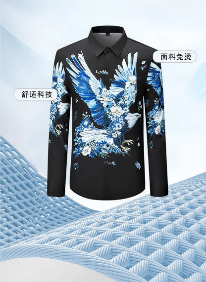 Camisa de lujo con estampado 3D de diamantes de imitación para hombre, camisas informales de manga larga para otoño e invierno, trajes de espectáculo escénico para fiesta de banquete Social