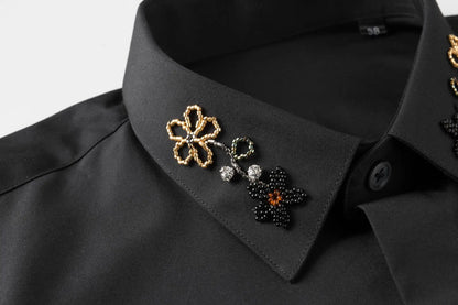 Camisa con cuentas hecha a mano para hombre, camisa de vestir Social de negocios de manga larga, traje informal de algodón de alta calidad para actuación en escenario de estrella
