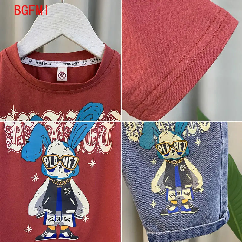 Conjunto de Verano para Niños 2026, Camiseta de Algodón con Estampado de Dibujos Animados y Letras + Pantalones Cortos de Mezclilla, Ropa Infantil