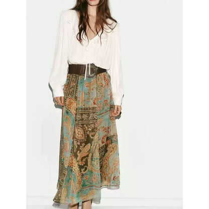 Falda Midi de Gasa con Estampado Retro Dulce y Moderno para Mujer, Estilo Veraniego, Diseño Holgado en la Cintura, Corte en A...