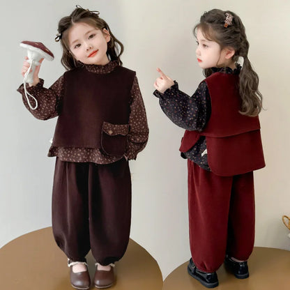 Ropa de moda para niñas 2025, otoño, nueva camisa Floral, chaleco y pantalones de Color sólido, conjunto de 3 piezas de pana