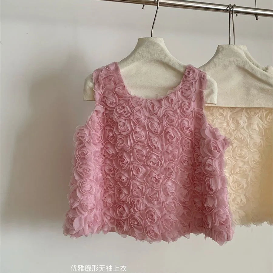 Chaleco sin mangas de estilo coreano con rosas para mujer, chaleco informal liso y dulce para vacaciones, Tops elegantes con cuello redondo a la moda para verano, novedad
