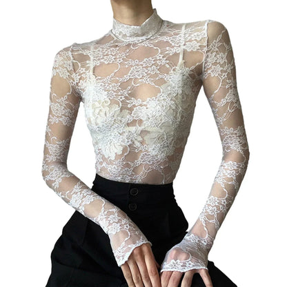Blusa Elegante para Mujer – Encaje Floral, Manga Larga y Diseño Transparente