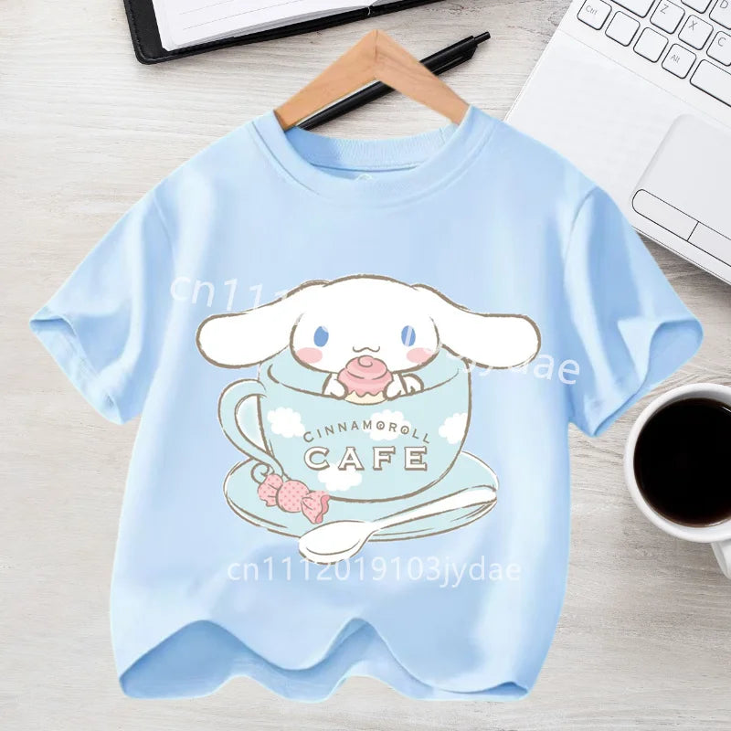 Camiseta de Manga Corta para Niños, Estilo Urbano, Verano 2026, Ropa Casual, Regalo Kawaii, Linda Camiseta de Cinnamoroll para Niña, Camiseta de Algodón con Estampado de Anime
