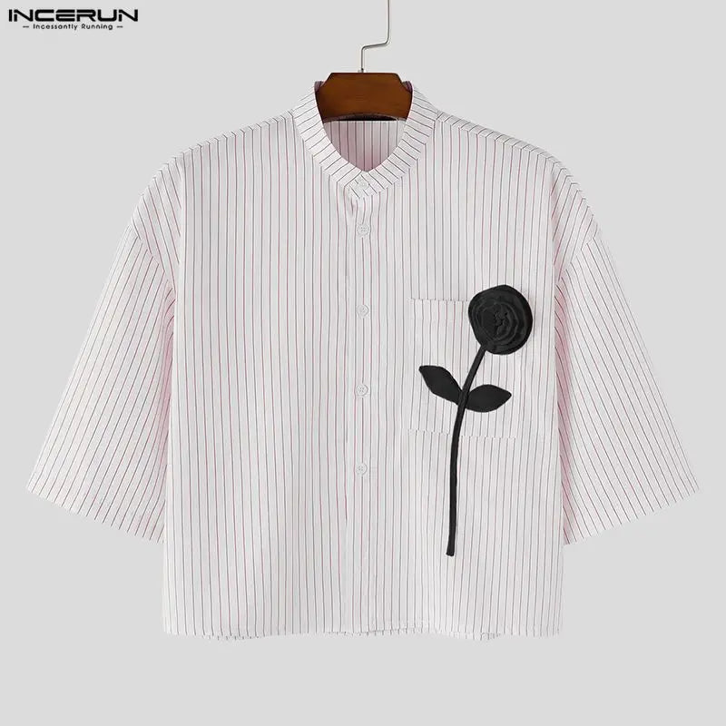 INCERUN-Camiseta para hombre con cuello alto y manga corta, Tops cortos a rayas con diseño de patchwork, ropa informal de verano holgada, ropa de moda para hombre 2026