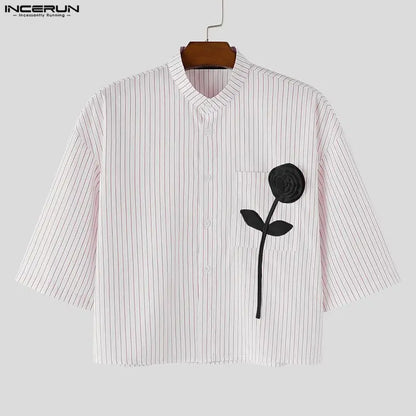 INCERUN-Camiseta para hombre con cuello alto y manga corta, Tops cortos a rayas con diseño de patchwork, ropa informal de verano holgada, ropa de moda para hombre 2026