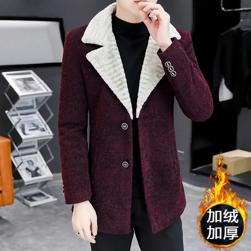 Chaquetas de lana de invierno coreanas para hombres, chaqueta de mezcla de lana gruesa de felpa con solapa, gabardina larga informal de negocios, abrigo de calle