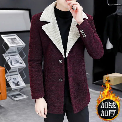 Chaquetas de lana de invierno coreanas para hombres, chaqueta de mezcla de lana gruesa de felpa con solapa, gabardina larga informal de negocios, abrigo de calle
