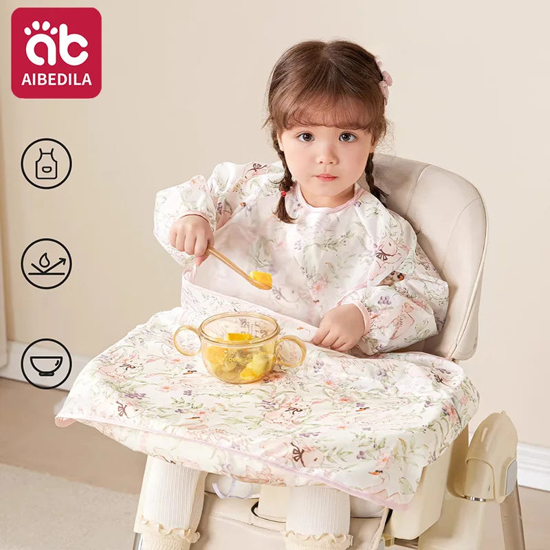 AIBEDILA Baberos impermeables para bebés, babero de manga larga para destete, se sujeta a la mesa de la trona, dobladillo desmontable, 6M-6T