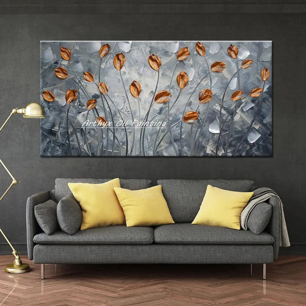 Arthyx, pintura al óleo de flores doradas pintada a mano con espátula sobre lienzo, cuadro artístico abstracto para decoración del hogar, sala de estar y dormitorio