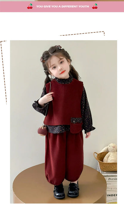 Ropa de moda para niñas 2025, otoño, nueva camisa Floral, chaleco y pantalones de Color sólido, conjunto de 3 piezas de pana