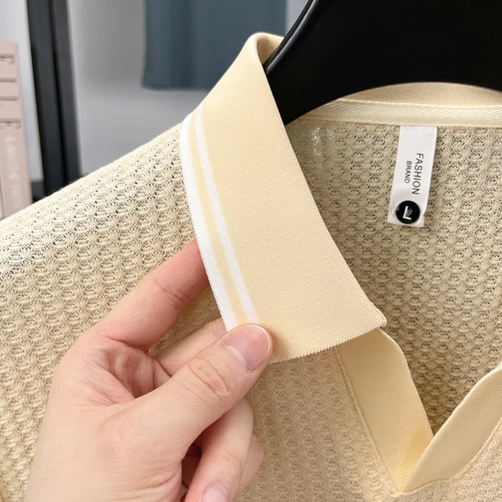 Nueva Camiseta Polo de Verano para Hombre |   Cuello en V con Rayas |   Camiseta de Manga Corta, Transpirable y Ajustada