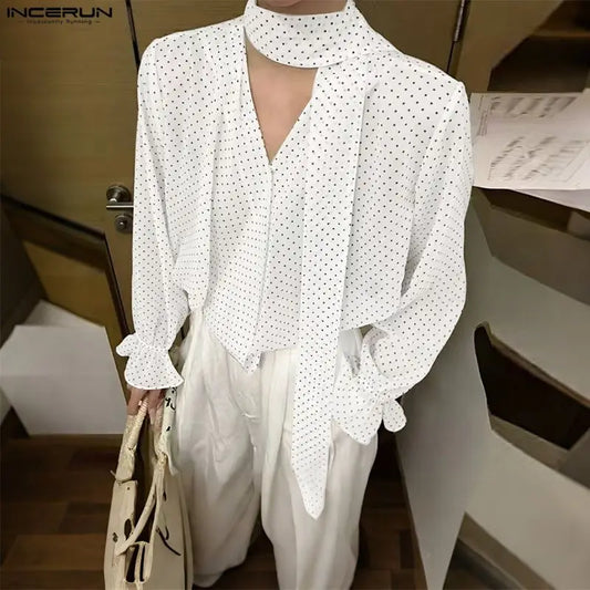 INCERUN Men Shirt Polka Dot Printing V Neck Long Sleeve Men Clothing With Belt Oversize Streetwear Fashion Casual Male Shirts