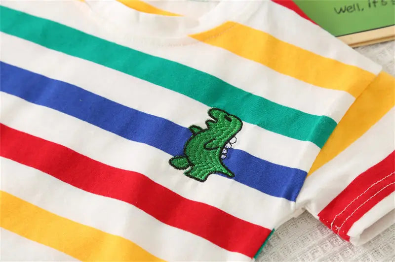 Ropa de verano para niños, ropa de moda para niños pequeños, ropa de arcoíris, camiseta, pantalones con pechera de dinosaurio de dibujos animados, 2 unids/set, traje para niños