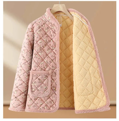 Chaqueta de algodón con estampado floral y forro polar grueso para mujeres de mediana edad y mayores, ropa de abrigo cálida p...