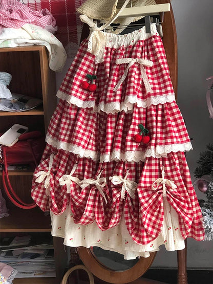 Falda de cintura alta con patchwork de cerezas, estilo A, para mujer, nueva colección primavera-otoño-invierno, dulce falda d...