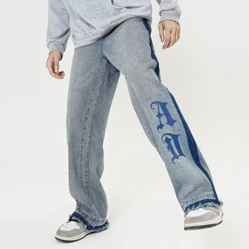 Nuevos pantalones vaqueros holgados azules con estampado de letras góticas Y2K para hombre, ropa de calle Vintage, pantalones vaqueros de pierna recta, pantalones vaqueros holgados de moda Hip Hop