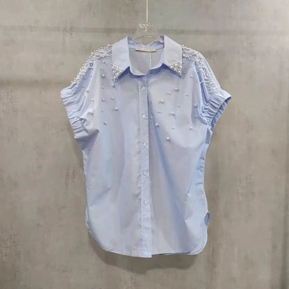 Blusas de manga corta de algodón con cuentas de perlas, camisas para mujer, novedad de verano, primavera 2021, tendencia de moda, Tops informales sueltos, Blusas