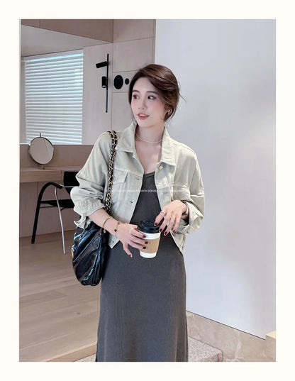 Chaqueta vaquera marrón para mujer, chaqueta informal versátil de estilo coreano de corte corto, chaqueta de primavera y otoño