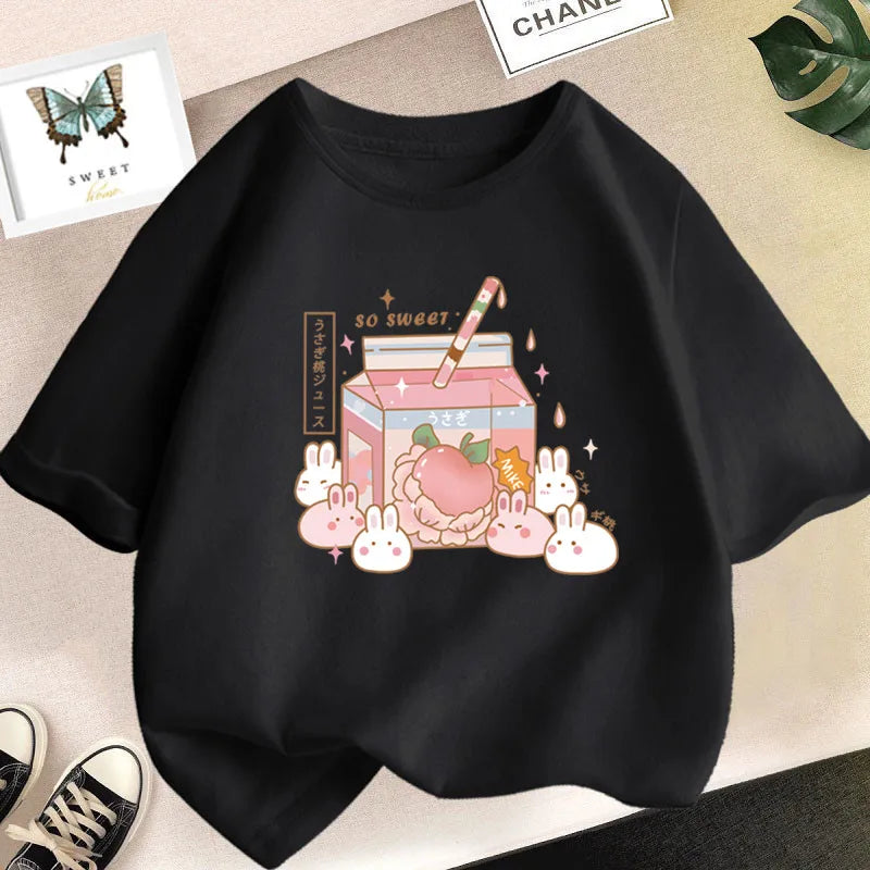 Camiseta bonita de dibujos animados de batido de leche de fresa para niñas, camisetas rosas con gráfico de manga corta para niños