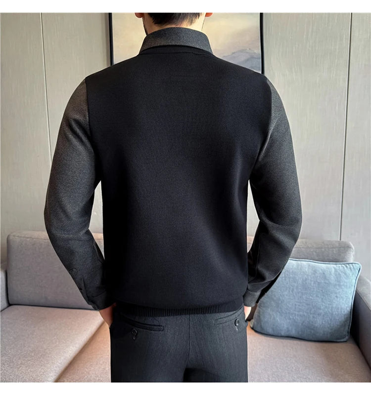 Suéter de punto de alta calidad para hombre, camisa de lana gruesa con cuello empalmado, suéteres con cuello en V, suéter de punto de dos piezas para Otoño e Invierno