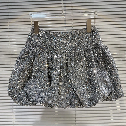 Falda corta de lentejuelas para niñas, falda corta de cintura elástica con lentejuelas brillantes y brotes de flores pesadas, primavera 2025