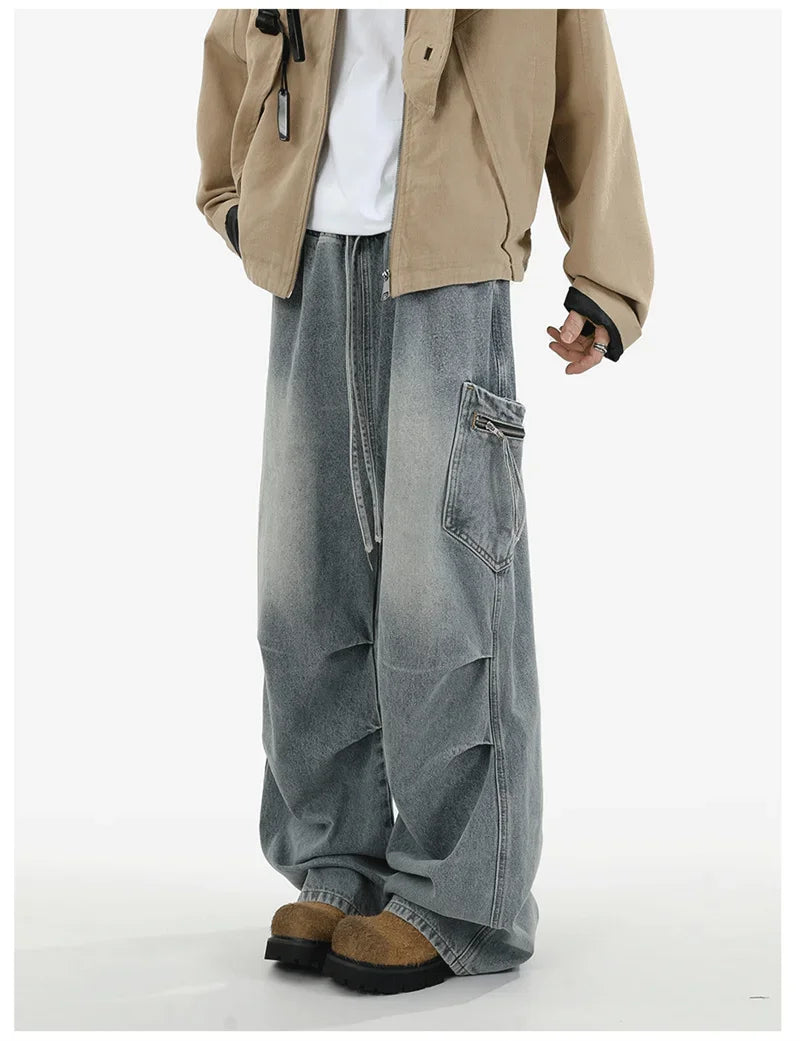 Pantalones vaqueros Cargo plisados de calle alta de otoño para Hombre, Pantalones vaqueros rectos de pierna ancha con bolsillo, moda Hip Hop Y2K, Vaqueros holgados