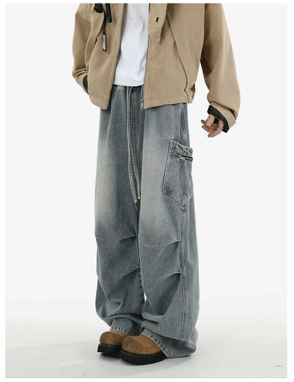 Pantalones vaqueros Cargo plisados de calle alta de otoño para Hombre, Pantalones vaqueros rectos de pierna ancha con bolsillo, moda Hip Hop Y2K, Vaqueros holgados