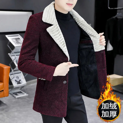 Chaquetas de lana de invierno coreanas para hombres, chaqueta de mezcla de lana gruesa de felpa con solapa, gabardina larga informal de negocios, abrigo de calle