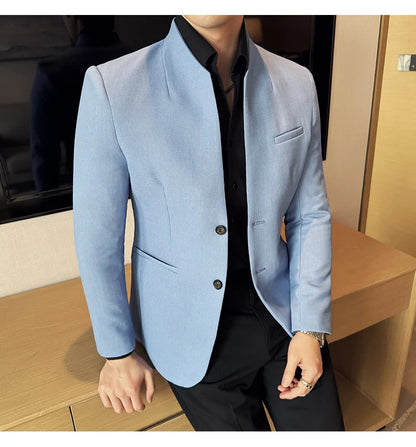 Chaqueta de traje con cuello levantado de alta calidad para hombre, chaquetas de negocios informales, abrigo coreano con gofres para boda, novio, banquete, vestido de fiesta, 2025