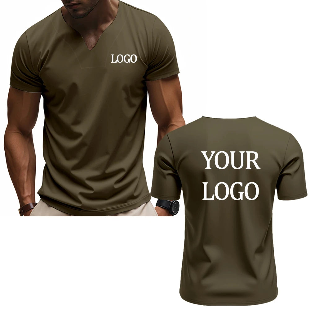 Camiseta con cuello en V con estampado personalizado DIY, camiseta de manga corta a la moda para hombre, top streetwear informal elegante y elegante, uso diario.
