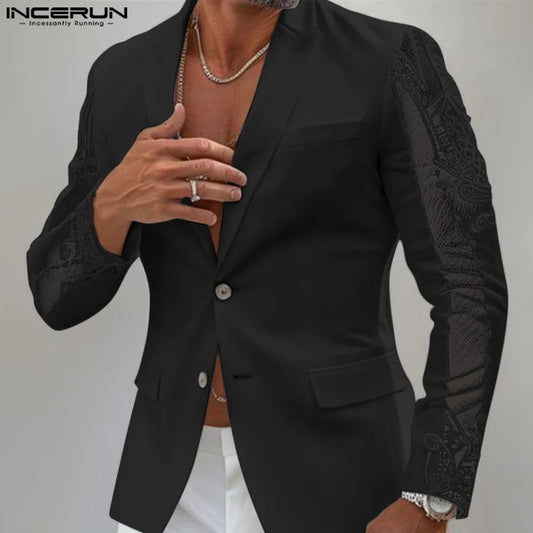 2024 INCERUN Men Casual Long Sleeve Blazer Lacing Splicing Simple Daily Suits See Through Handsome Buttons Well Fitting Jackets