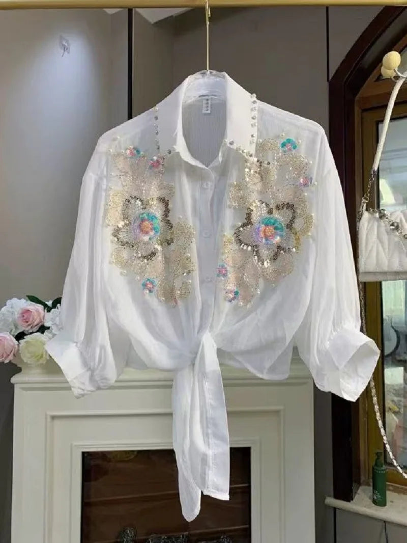 Blusas con Lentejuelas Brillantes y Bordados para Mujer, Chaquetas de Verano con Protección Solar, Ropa Coreana Popular