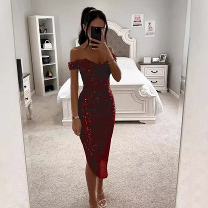 Vestido de fiesta de lentejuelas brillantes con un solo hombro y cremallera, vestido de noche de cintura media con falda larg...
