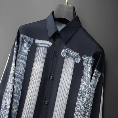Camisa de manga larga con estampado de columna romana de estilo americano y europeo para hombre, camisas de vestir formales de negocios informales ajustadas, ropa para hombre