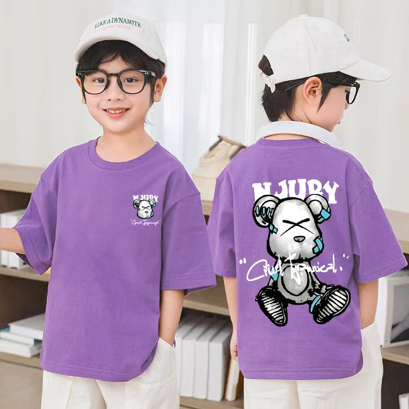 Camiseta de manga corta con estampado de oso de dibujos animados de verano para niños y niñas, camiseta 100% de algodón puro