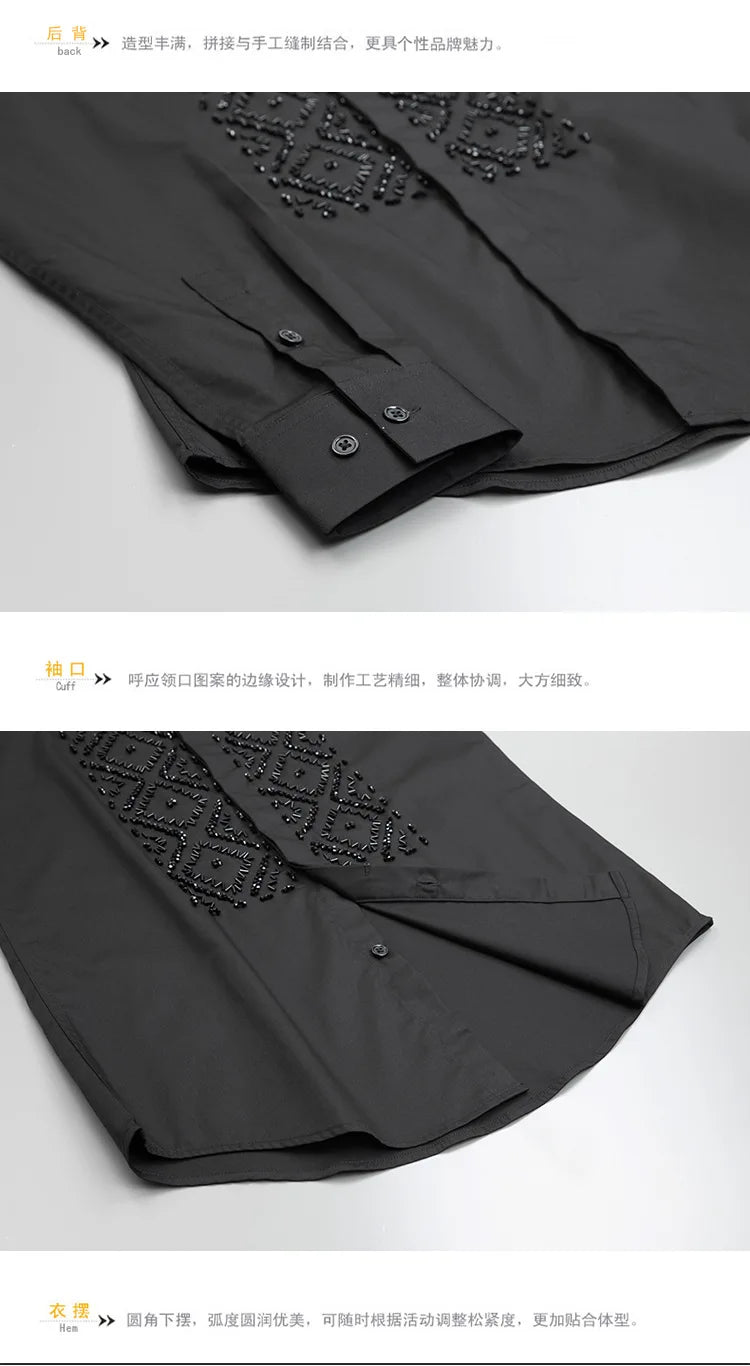 Camisa de lujo hecha a mano con cuentas para hombre, camisas de vestir informales ajustadas de manga larga para negocios, fiesta Social, banquete, escenario, estrella, ropa para hombre