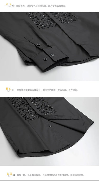 Camisa de lujo hecha a mano con cuentas para hombre, camisas de vestir informales ajustadas de manga larga para negocios, fiesta Social, banquete, escenario, estrella, ropa para hombre