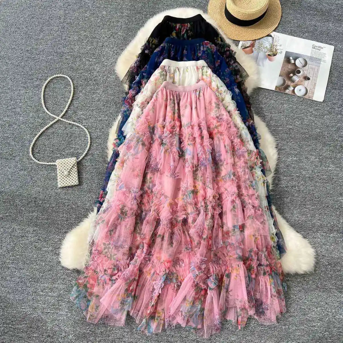 Falda Midi de Malla con Estampado Floral de Cintura Alta Estilo Coreano para Mujer, Falda Hada Abullonada de Fibra de Poliést...