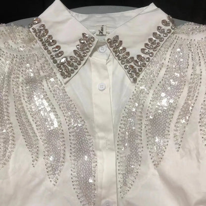 Blusas de Algodón con Cuentas y Lentejuelas Bordadas, Fotos Reales, Camisas de Mujer, Verano 2026, Manga Corta, Tops de Oficina para Dama, Camisas de Mujer