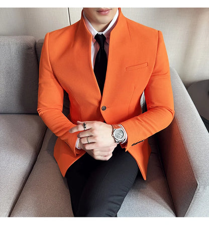 Chaqueta de traje con cuello levantado de alta calidad para hombre, chaquetas de negocios informales, abrigo coreano con gofres para boda, novio, banquete, vestido de fiesta, 2025