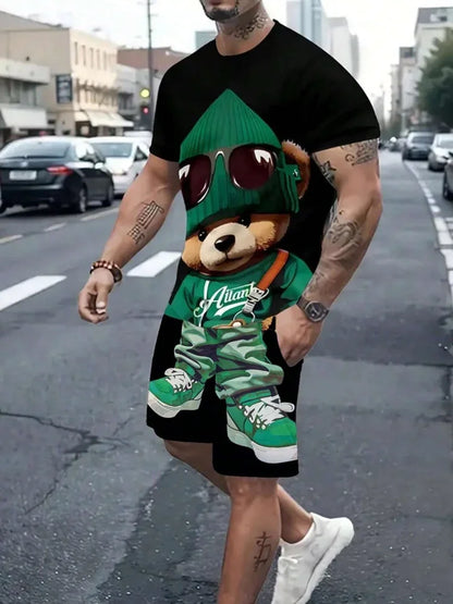 Sencillo de mármol con estampado en 3D, Top y Shorts de cuello redondo para hombres, moda urbana, traje informal de día a día para hombres